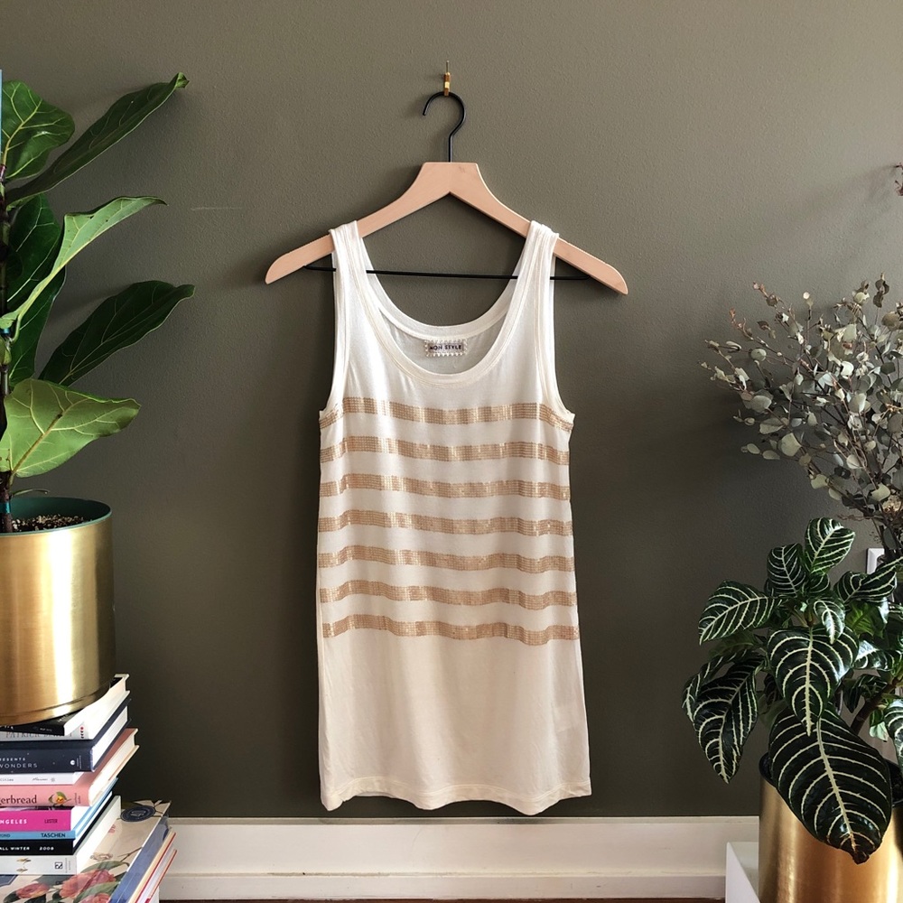 White Tank Top with Gold Striped Sequins